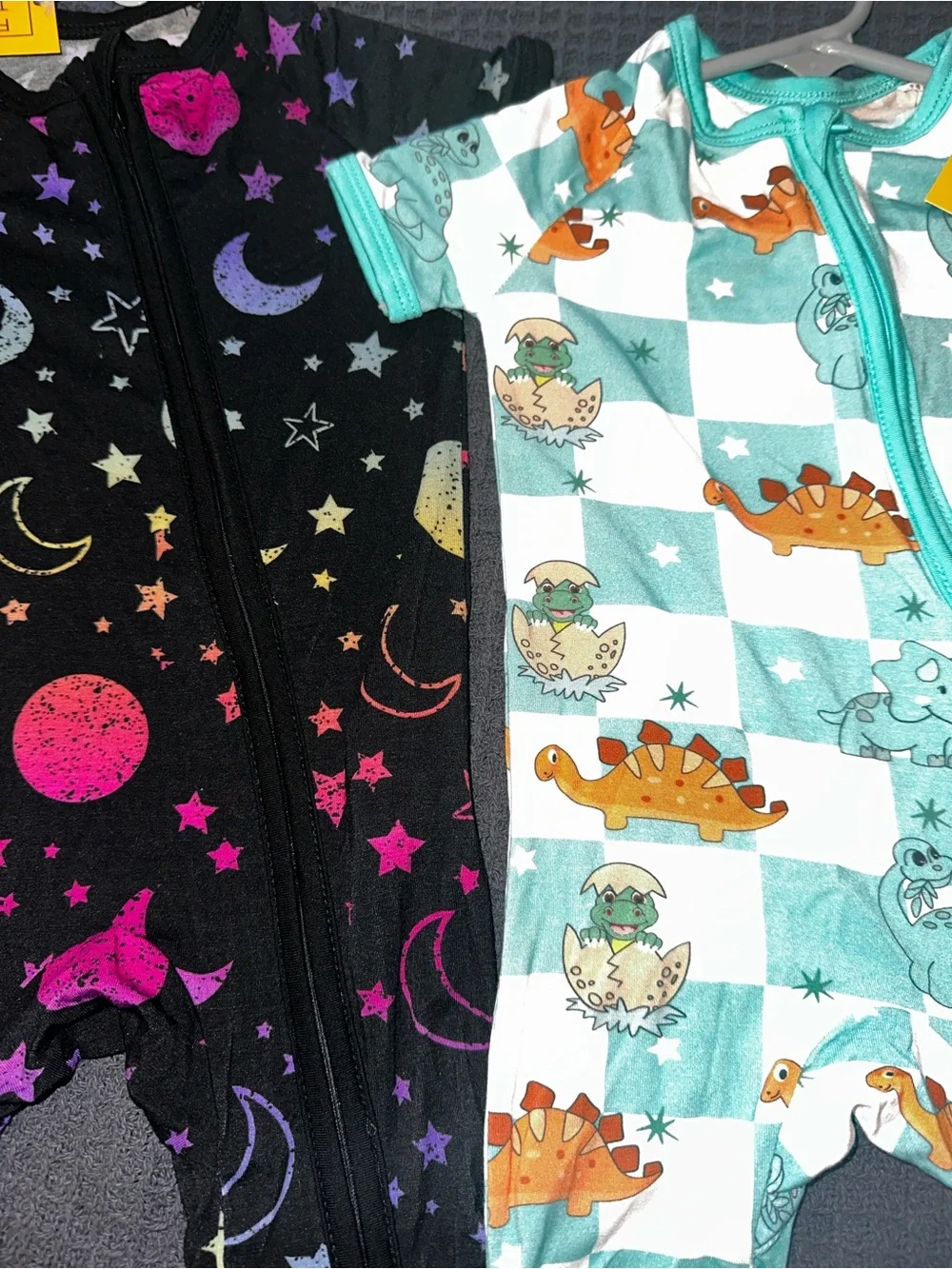 Baby 0/3 months Shortie Romper in Black Galaxy Print and Teal Dino Check